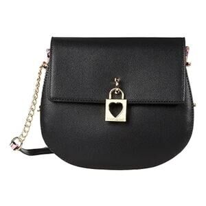 NWT BETSEY JOHNSON Mimi Saddle Bag Black Floral Gold Tone Chain Strap Heart Lock